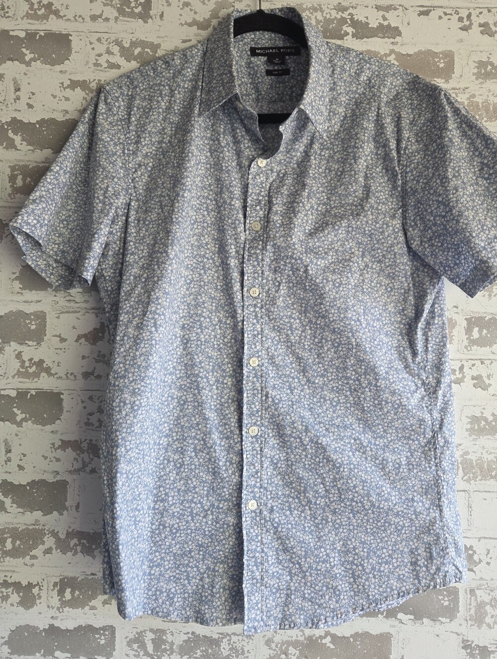 Michael Kors Men’s Slim Fit Floral Short Sleeve Button Down Shirt - Blue - M